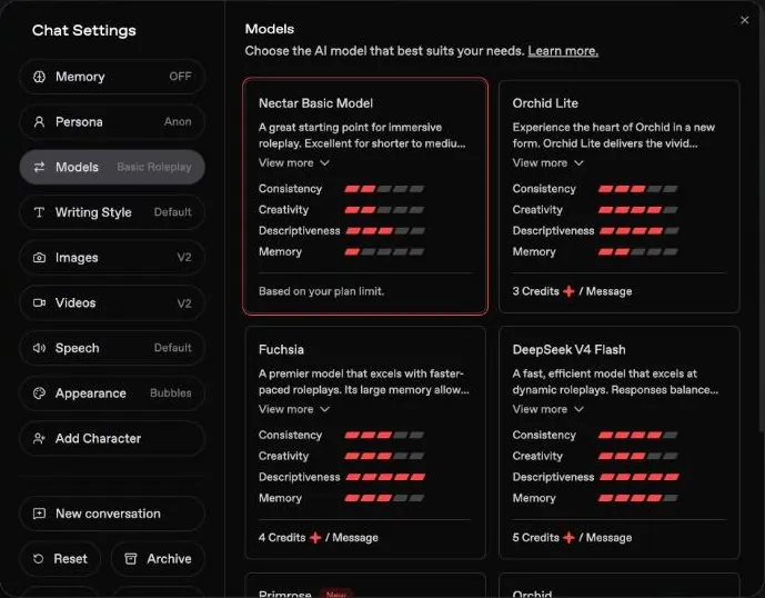 Nectar AI chat settings window listing chat models with a credit cost per message