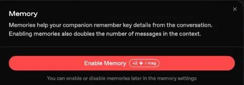Nectar AI memory setting with an Enable Memory button priced in credits per message