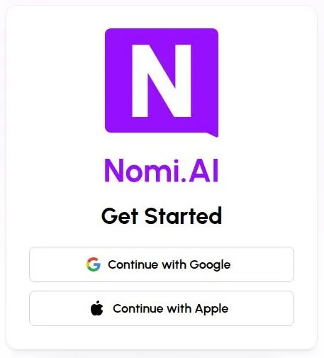 Nomi sign-in card with only Continue with Google and Continue with Apple buttons