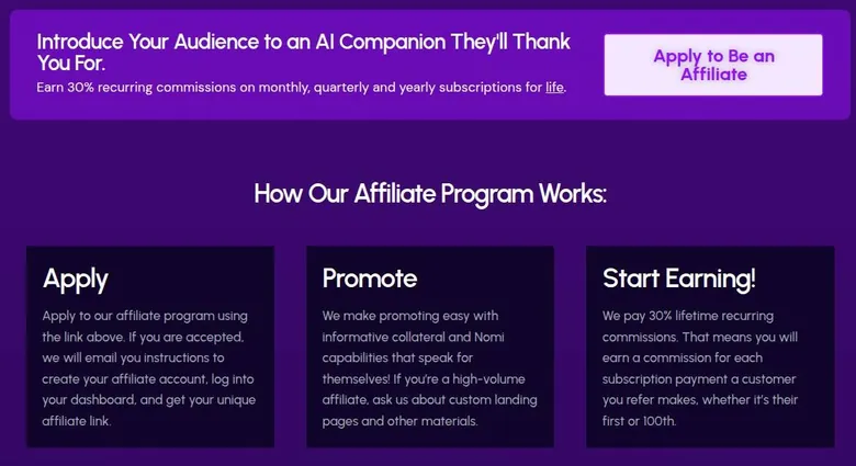 Nomi affiliate program banner and three-step how-it-works section