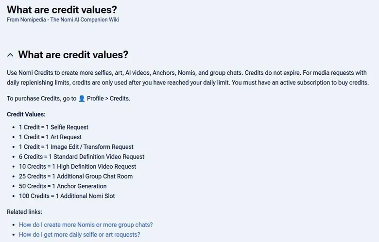 Nomipedia wiki page listing Nomi credit values