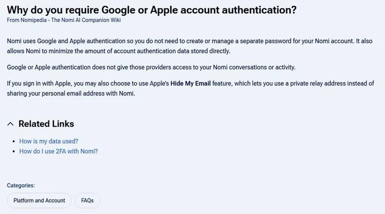 Nomipedia wiki page explaining Google and Apple sign-in