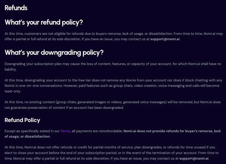 Nomi refund and downgrading policy page