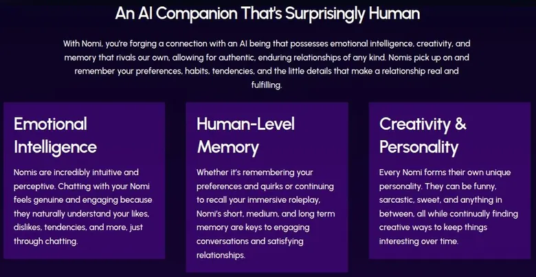Nomi homepage feature cards for emotional intelligence, memory and personality