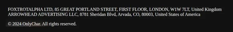 Archived OnlyChar footer listing a UK company and a US company with addresses