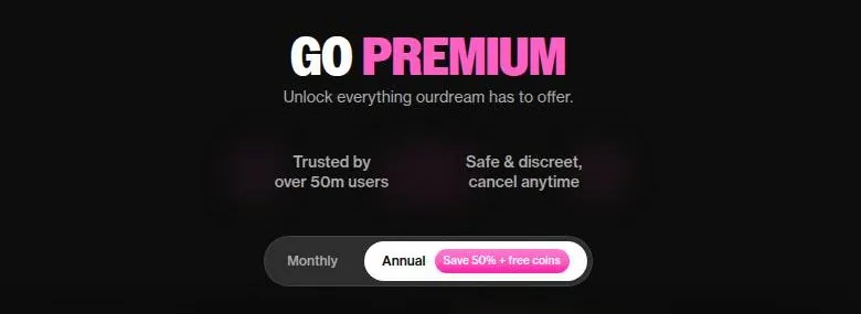 OurDream AI upgrade page header with a Monthly and Annual billing switch
