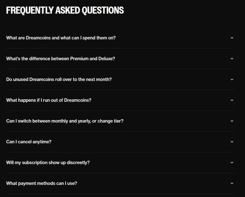 OurDream AI pricing FAQ list with questions about Dreamcoins, cancelling and billing