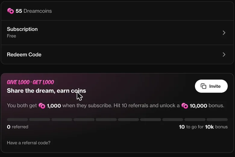 OurDream AI profile panel with a Dreamcoin balance, a redeem code row and a referral box