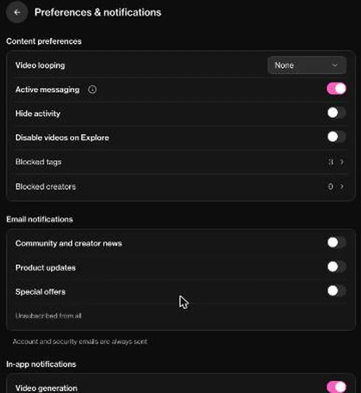OurDream AI preferences page with content toggles and e-mail notification switches