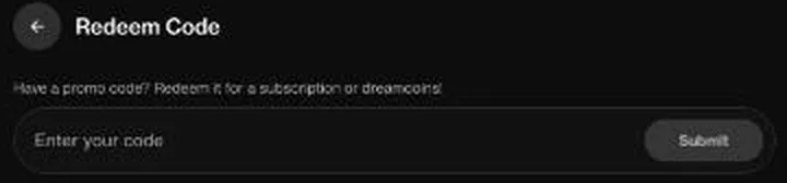 OurDream AI redeem code form with a text field and a submit button