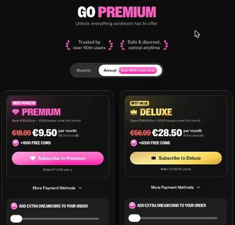 OurDream AI upgrade page with Premium and Deluxe plan cards on annual billing in euros
