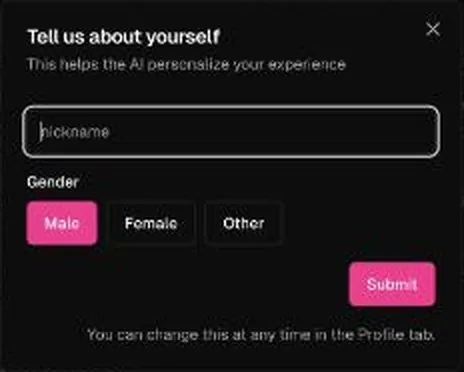 OurDream AI onboarding box asking for a nickname and gender