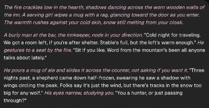OurDream AI fantasy role-play reply about an inn and a rumour from the mountain