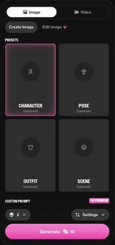 OurDream AI image generator panel with preset tiles and a generate button