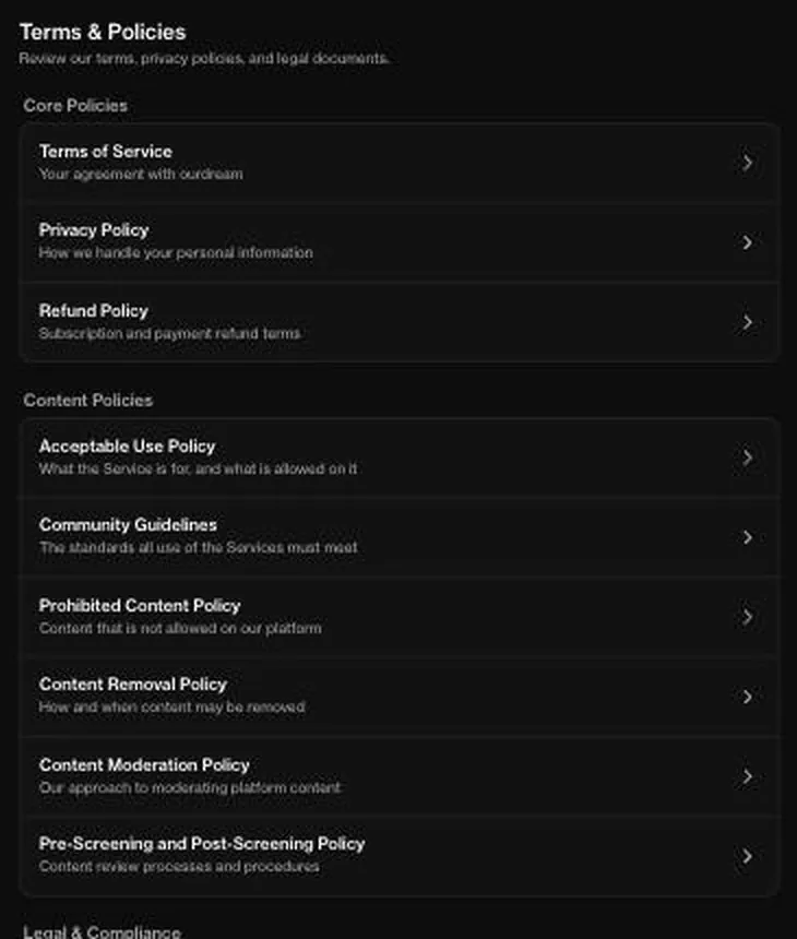 OurDream AI terms and policies hub listing core and content policies