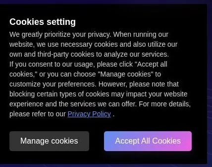 Paradot cookie banner with Manage cookies and Accept All Cookies buttons