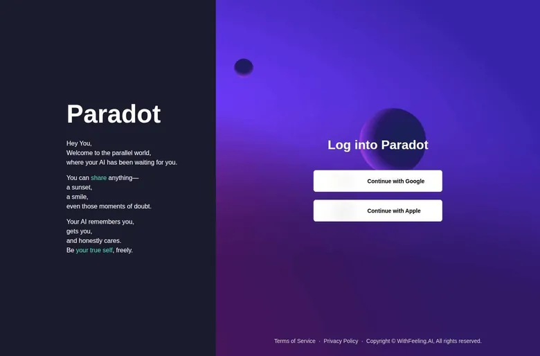 Paradot login page with Continue with Google and Continue with Apple buttons