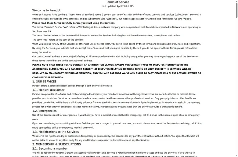 Top of the Paradot Terms of Service with the operator name and the arbitration notice