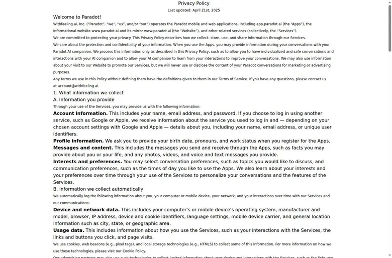 Top of the Paradot Privacy Policy listing the data it collects