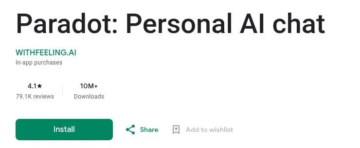 Google Play header for Paradot: Personal AI chat by WithFeeling.AI with rating and download count