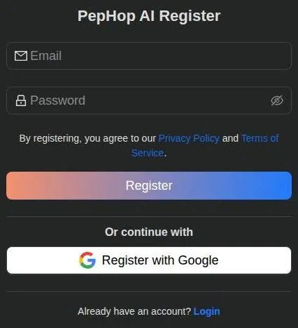 PepHop AI registration form with email, password and Google sign-up options