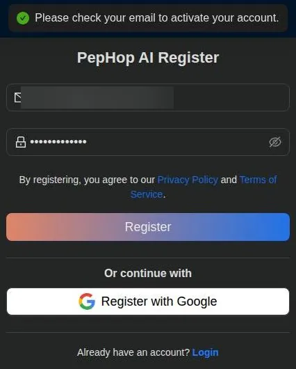 PepHop AI registration form with a toast asking to check email to activate the account