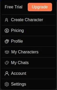 PepHop AI account menu showing the Free Trial label, an Upgrade button and menu links