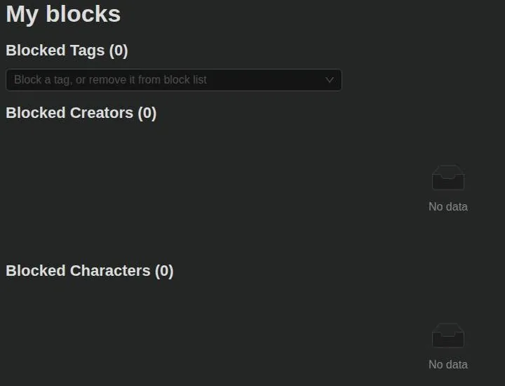PepHop AI block list page for tags, creators and characters, all empty