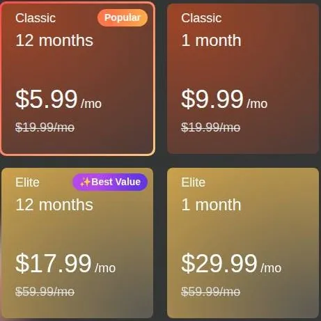 PepHop AI plan cards for Classic and Elite with 12 month and 1 month options