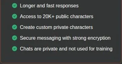 PepHop AI plan benefits about responses, public characters, private characters and chat privacy
