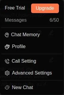PepHop AI chat menu with a free trial message counter and memory and settings links