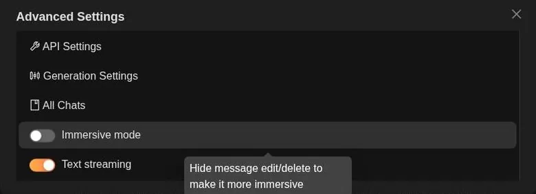 PepHop AI advanced chat settings with API, generation, immersive mode and text streaming options