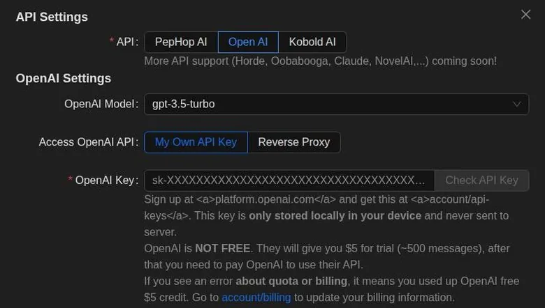 PepHop AI API settings with PepHop, OpenAI and Kobold backend options and an API key field