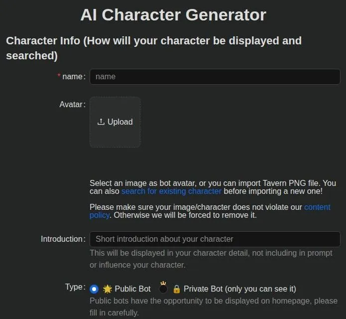 PepHop AI character creator with name, avatar upload, Tavern card import and public or private type