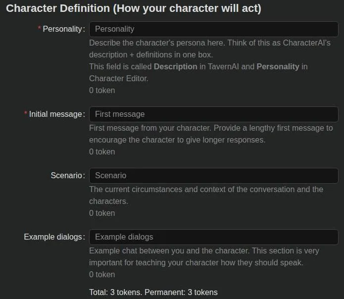 PepHop AI character definition form with personality, first message, scenario and example dialog fields