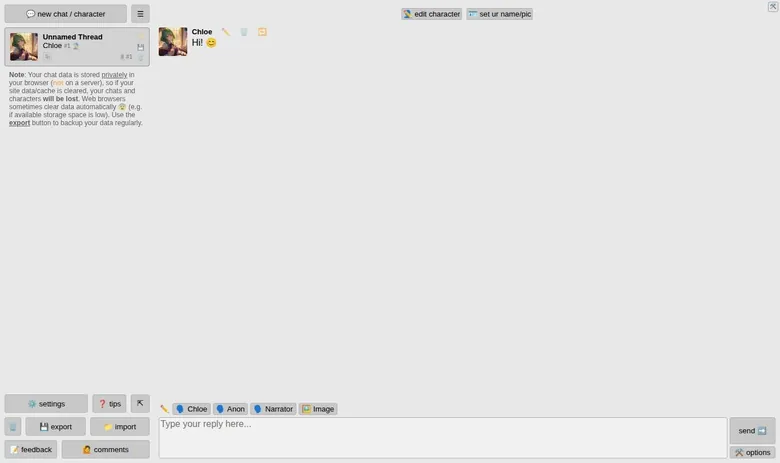 Perchance AI Character Chat start screen with a chat thread, a sidebar of buttons and a reply box