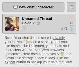 Sidebar note saying chat data is stored in the browser, not on a server, and can be lost if the cache is cleared