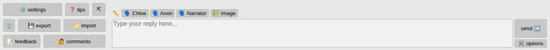 Perchance chat toolbar with export and import buttons and reply-as chips for character, user, narrator and image