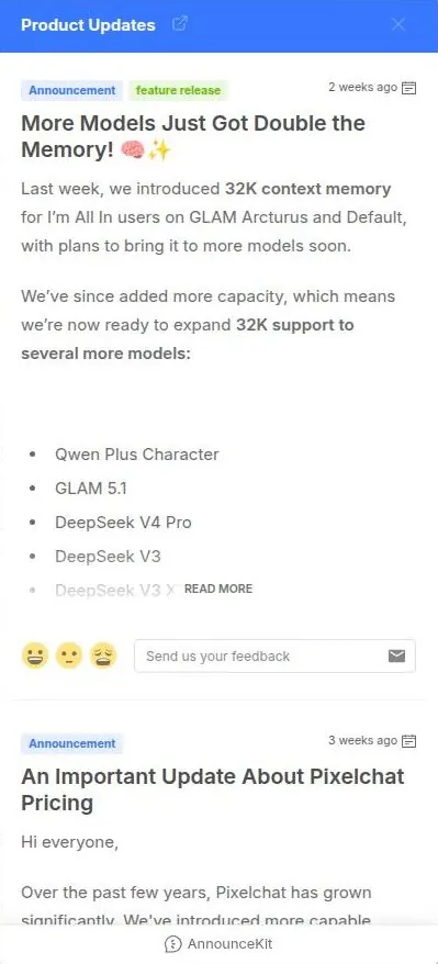 PixelChat product updates panel announcing 32K context memory and a pricing update