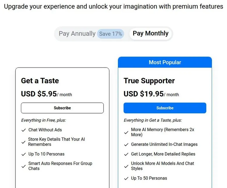 PixelChat pricing cards for the Get a Taste and True Supporter plans