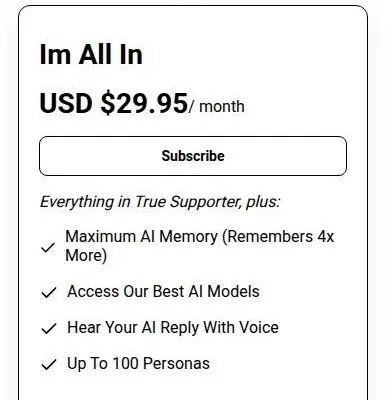 PixelChat pricing card for the I'm All In plan