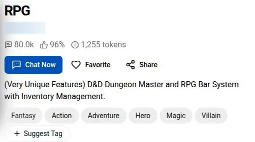 PixelChat character page for a dungeon master bot with chat count, rating and token size