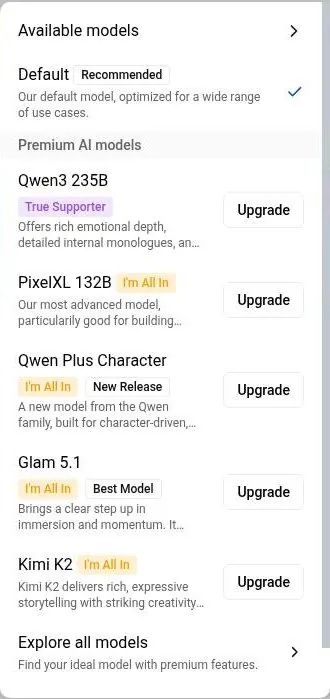 PixelChat model menu with the Default model selected and premium models marked by plan