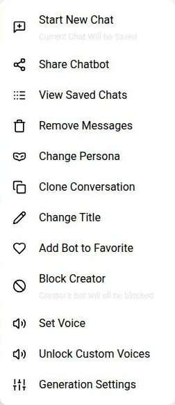 PixelChat chat options menu with persona, clone, voice and generation settings entries