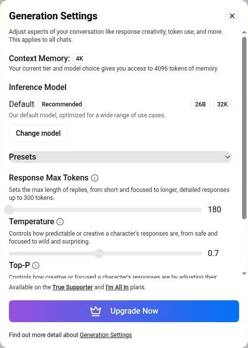 PixelChat generation settings showing 4K memory, a 180-token reply limit and locked sliders