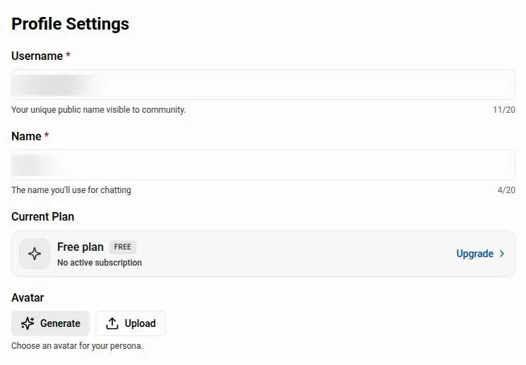 PixelChat profile settings with username, name, current free plan and avatar options