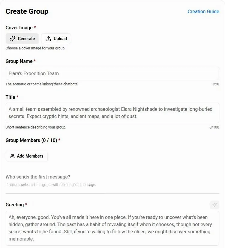 PixelChat create group form with cover image, name, title and up to ten members