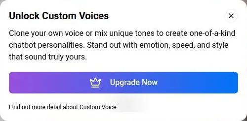 PixelChat upsell dialog for custom and cloned chatbot voices