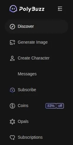 PolyBuzz web sidebar menu with Discover, Generate Image, Create Character, Coins, Opals and Subscriptions