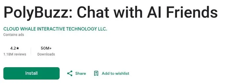 Google Play listing header for PolyBuzz: Chat with AI Friends by Cloud Whale, marked Contains ads
